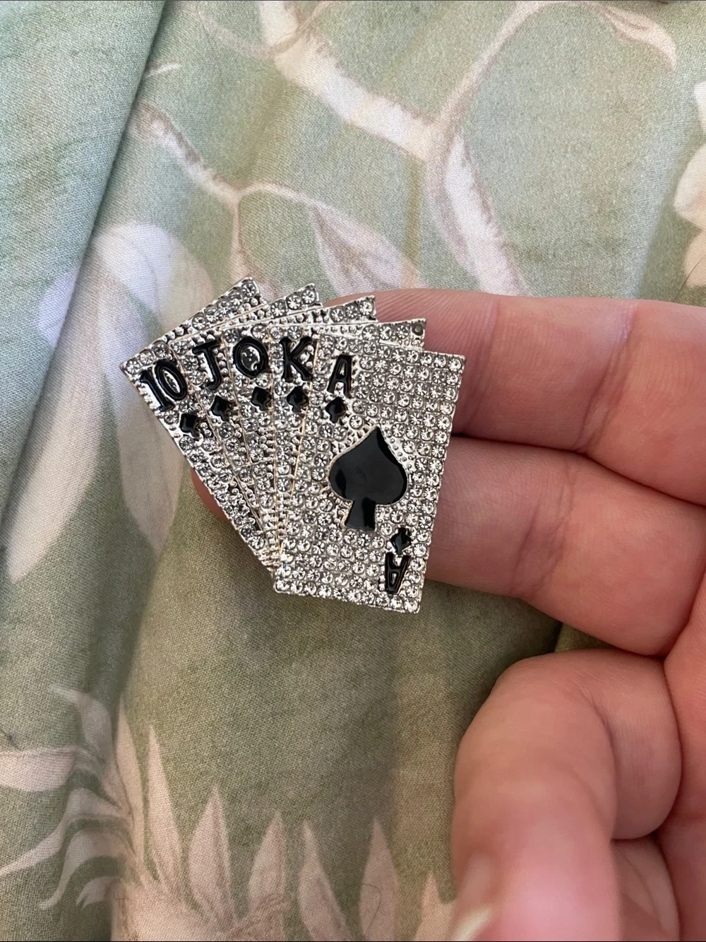 Rhinestone Playing Cards Brooch Pin - Silver and Black